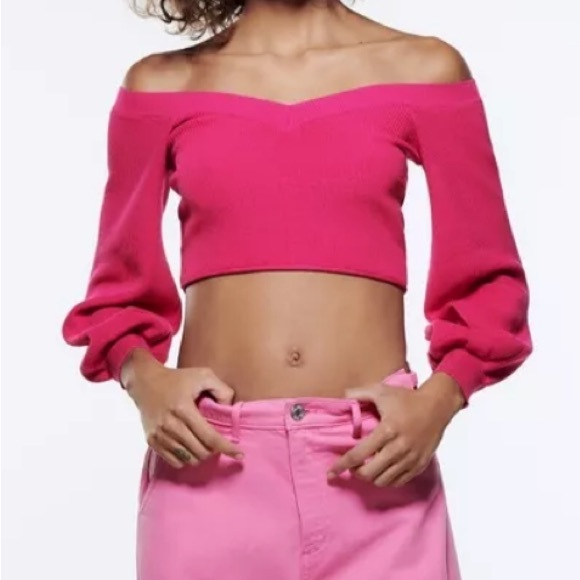 Zara Fuchsia Balloon Sleeve Knit Off Shoulder - Picture 3 of 5